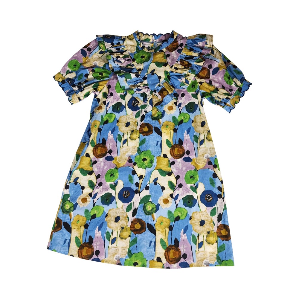 GIGIO Womens Floral Ruffle Mini Dress Scalloped Blue Green TG2080‎ Size S NEW